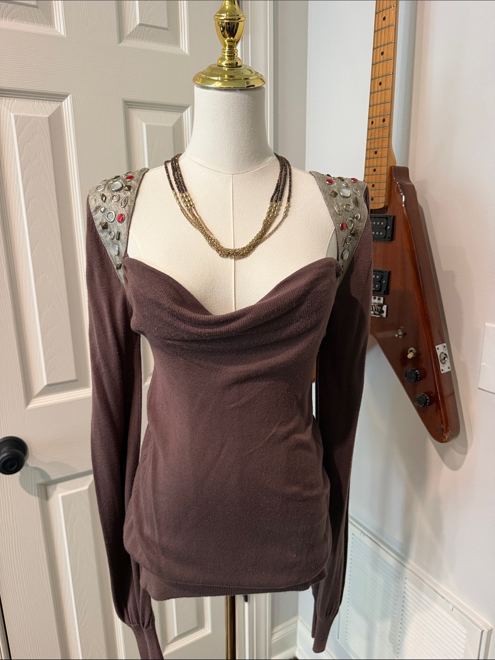 Arden B Brown Off-the-Shoulder Embellished Shoulder Sweater
